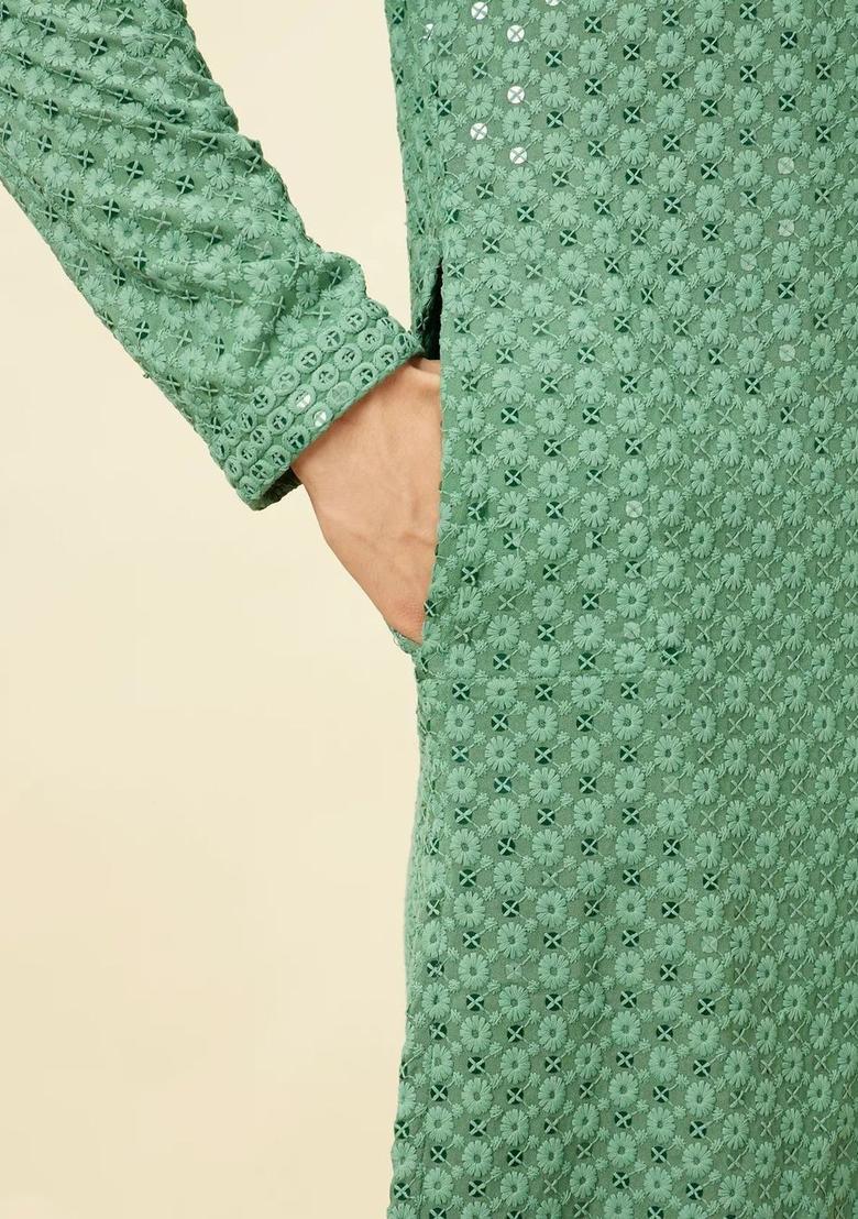 Sea Green Embroidered Viscose Kurta Set For Men - Indya