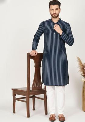 Navy Blue Striped Cotton Kurta Set For Men