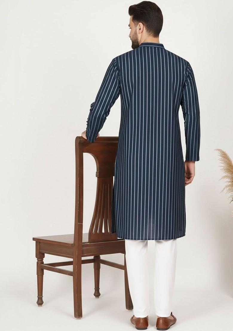 Navy Blue Striped Cotton Kurta Set For Men - Indya