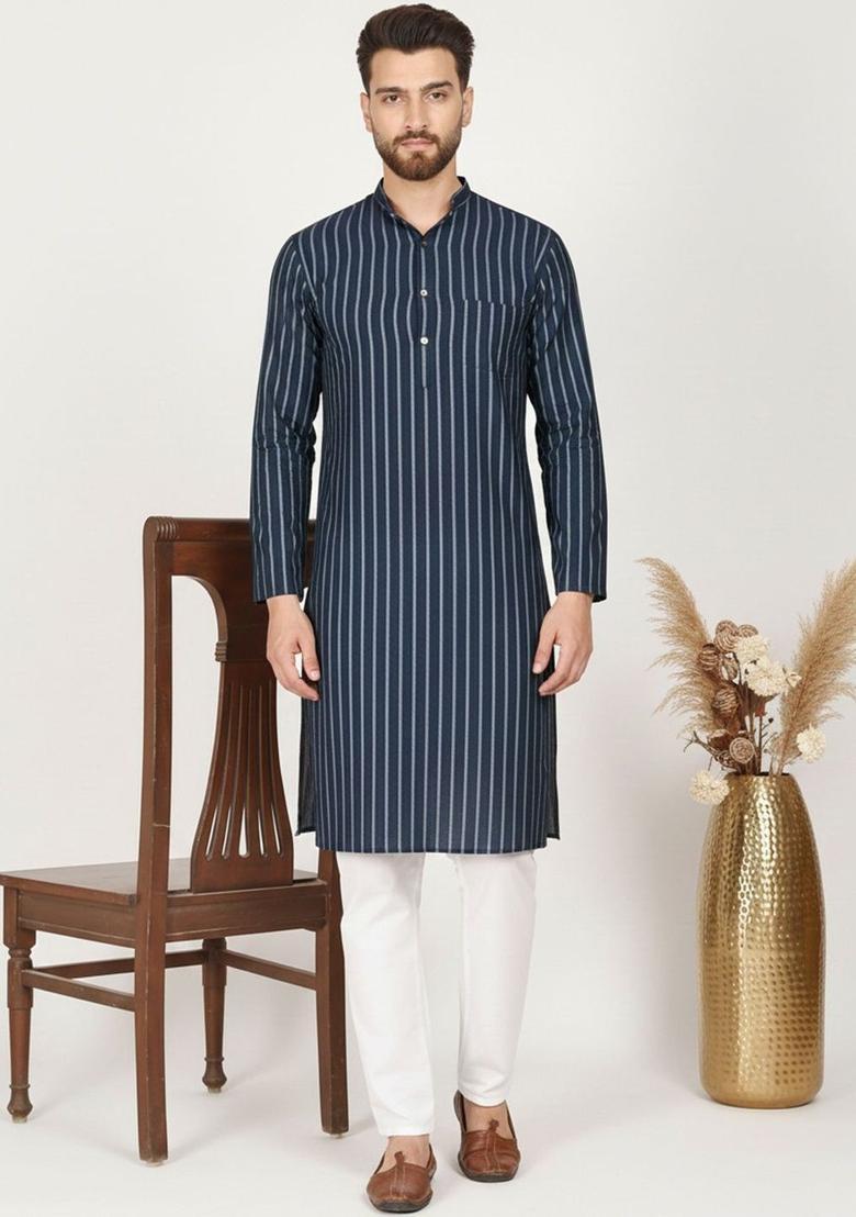 Navy Blue Striped Cotton Kurta Set For Men - Indya
