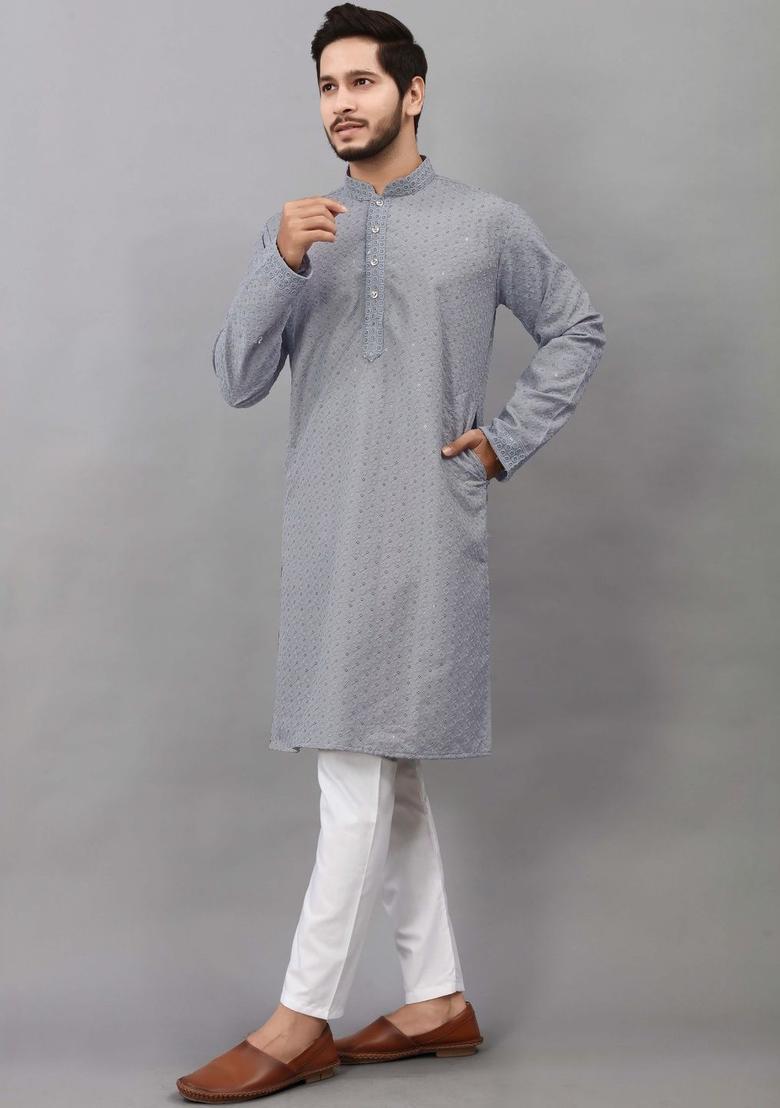 Grey Embroidered Viscose Kurta Set For Men - Indya
