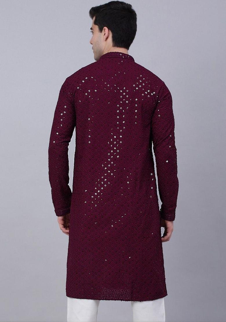 Maroon Self Design Viscose Kurta Set For Men - Indya