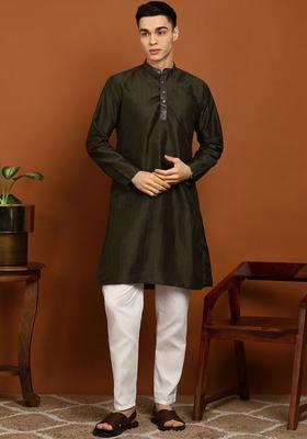 Olive Woven Design Silk Kurta Set For Men