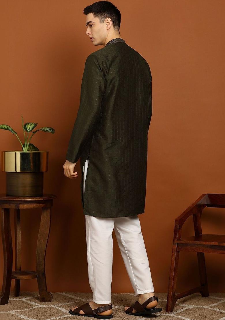 Olive Woven Design Silk Kurta Set For Men - Indya