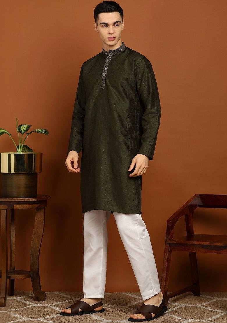Olive Woven Design Silk Kurta Set For Men - Indya