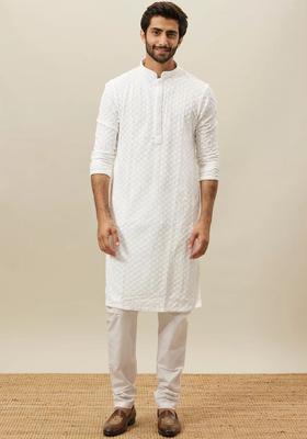 White Embroidered Viscose Kurta Set For Men