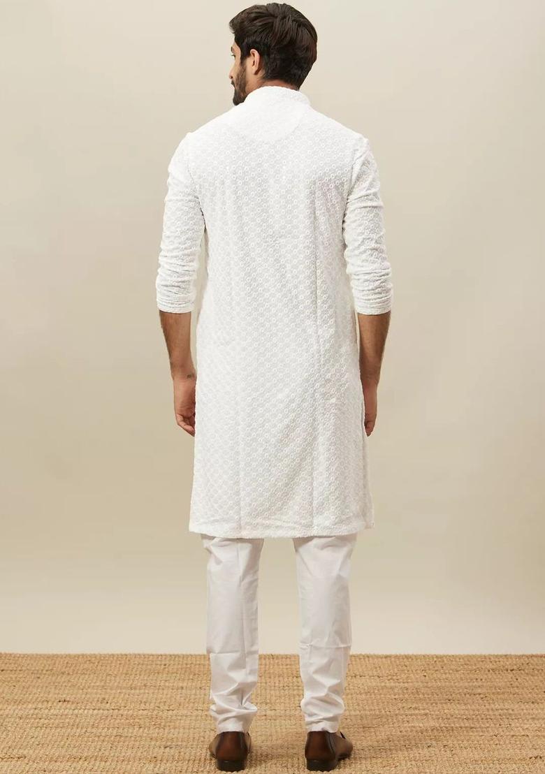 White Embroidered Viscose Kurta Set For Men - Indya