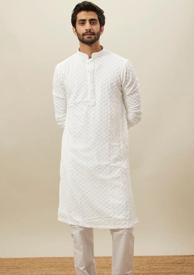 White Embroidered Viscose Kurta Set For Men - Indya