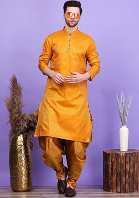 Yellow Woven Design Cotton Kurta Set For Men