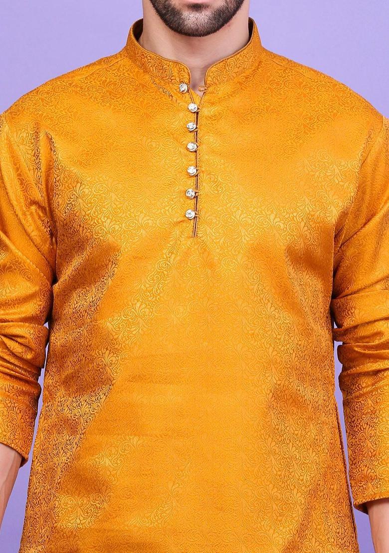 Yellow Woven Design Cotton Kurta Set For Men - Indya
