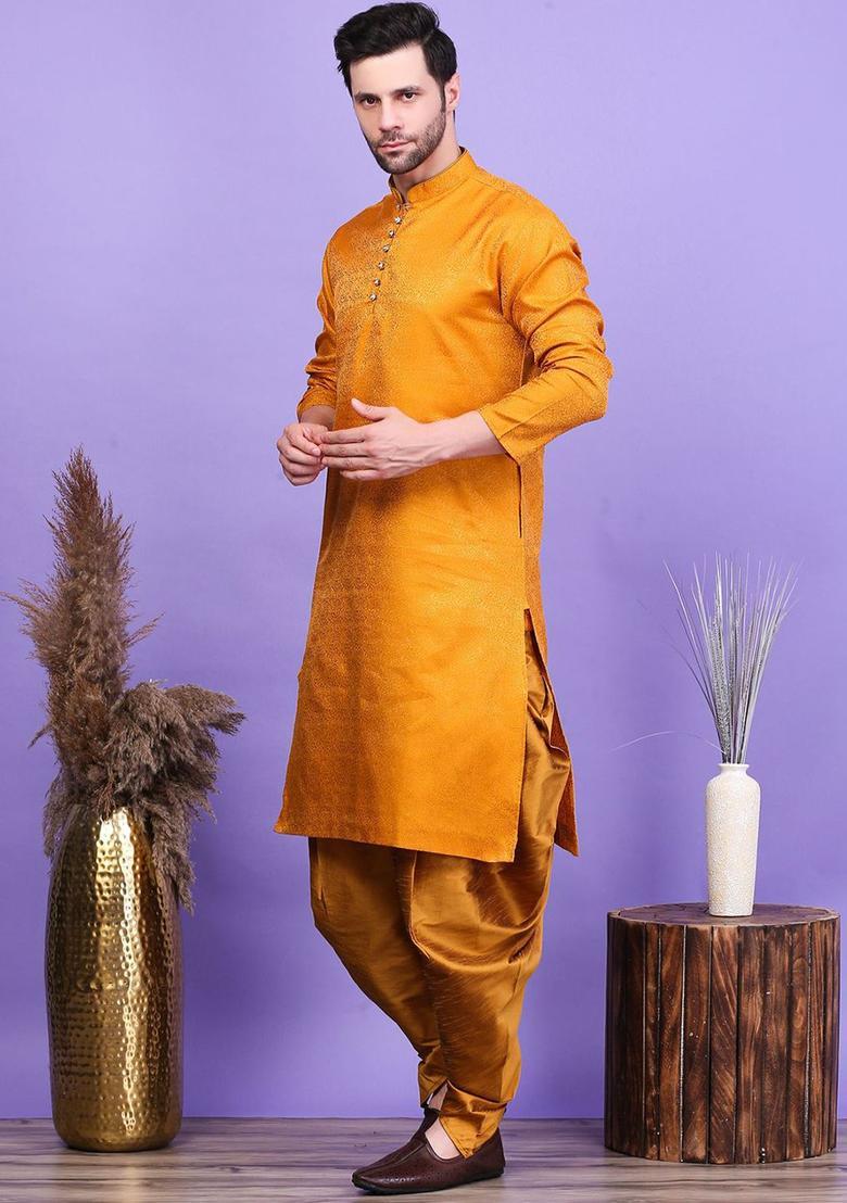 Yellow Woven Design Cotton Kurta Set For Men - Indya