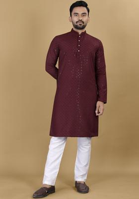Maroon Embroidered Viscose Kurta Set For Men