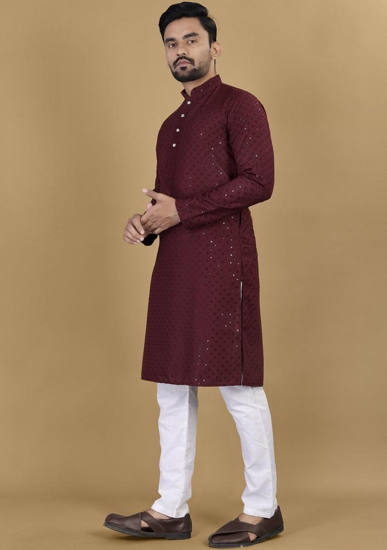 Maroon Embroidered Viscose Kurta Set For Men - Indya