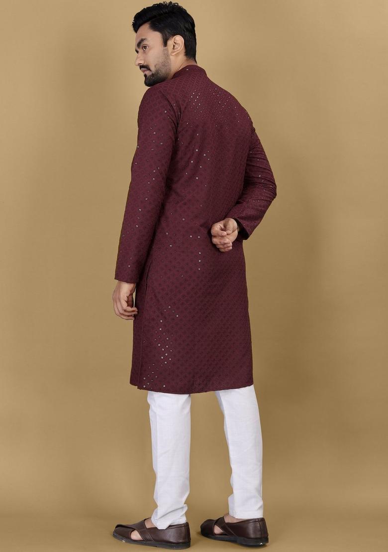 Maroon Embroidered Viscose Kurta Set For Men - Indya