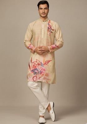 Beige Printed Silk Blend Kurta Set For Men