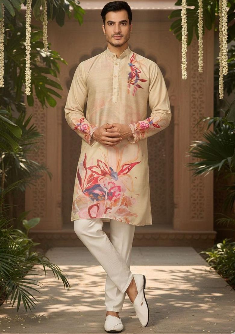Beige Printed Silk Kurta Set For Men - Indya