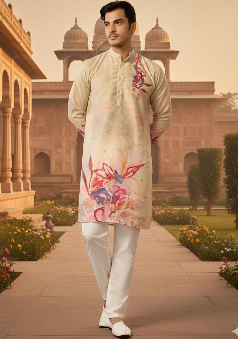 Beige Printed Silk Kurta Set For Men - Indya