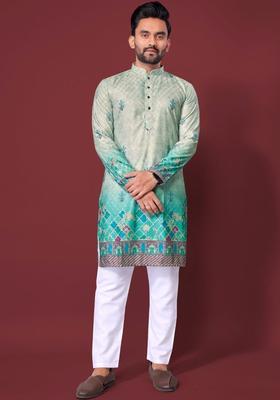 Green Printed Viscose Kurta Set For Men