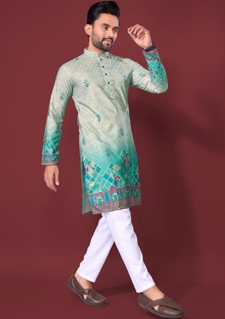 Green Printed Viscose Kurta Set For Men - Indya