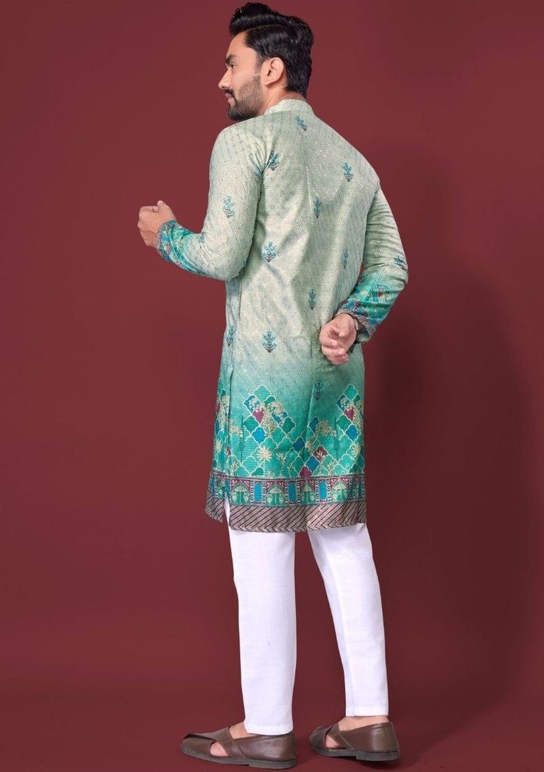 Green Printed Viscose Kurta Set For Men - Indya