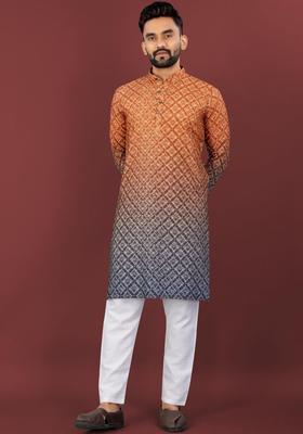 Orange Printed Viscose Kurta Set For Men