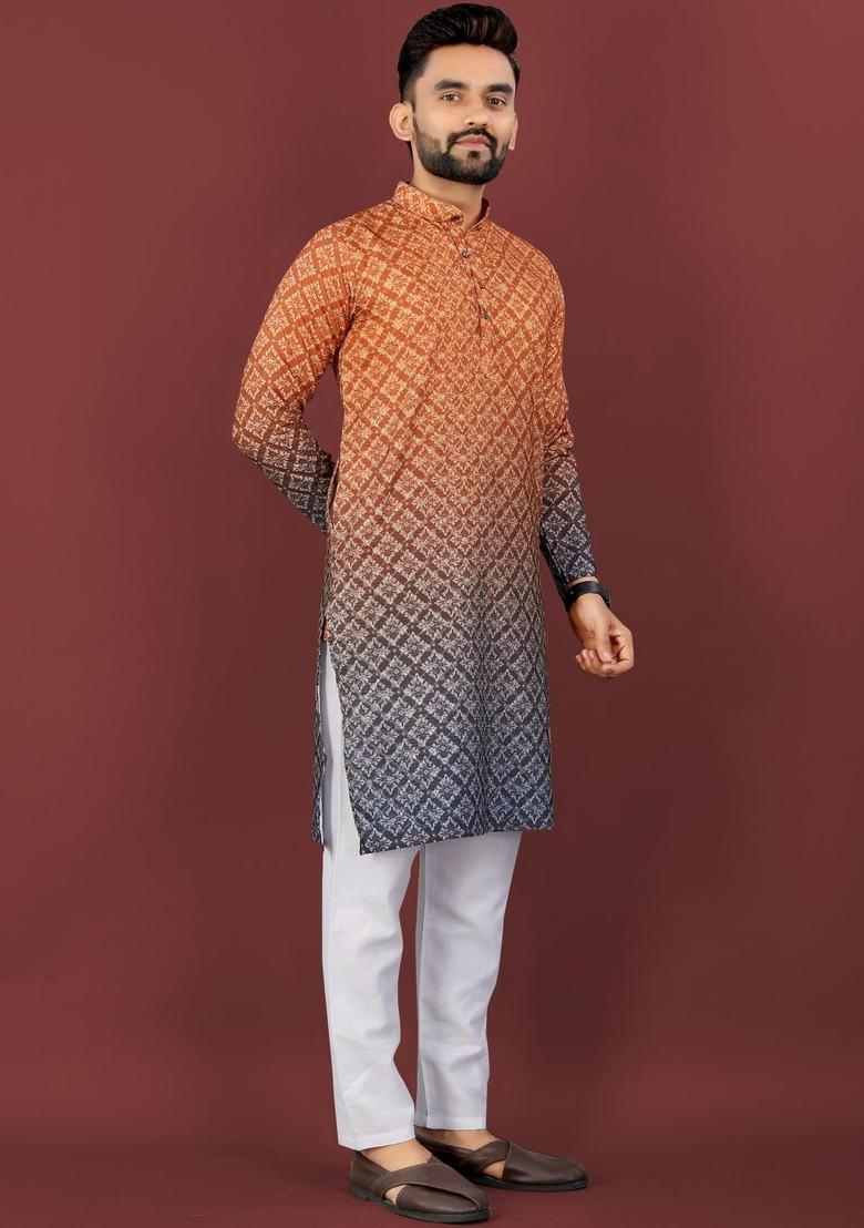 Orange Printed Viscose Kurta Set For Men - Indya