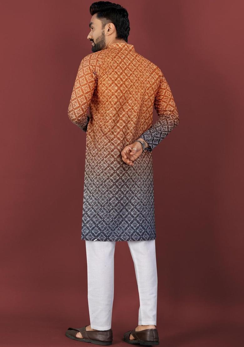 Orange Printed Viscose Kurta Set For Men - Indya