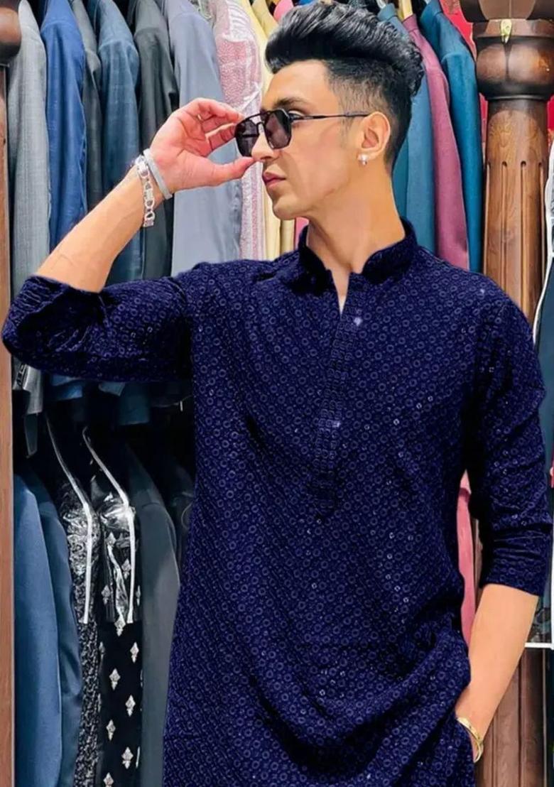 Navy Blue Embroidered Viscose Kurta Set For Men - Indya