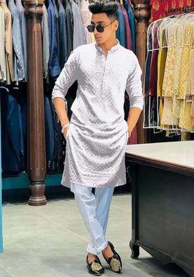 White Embroidered Viscose Kurta Set For Men
