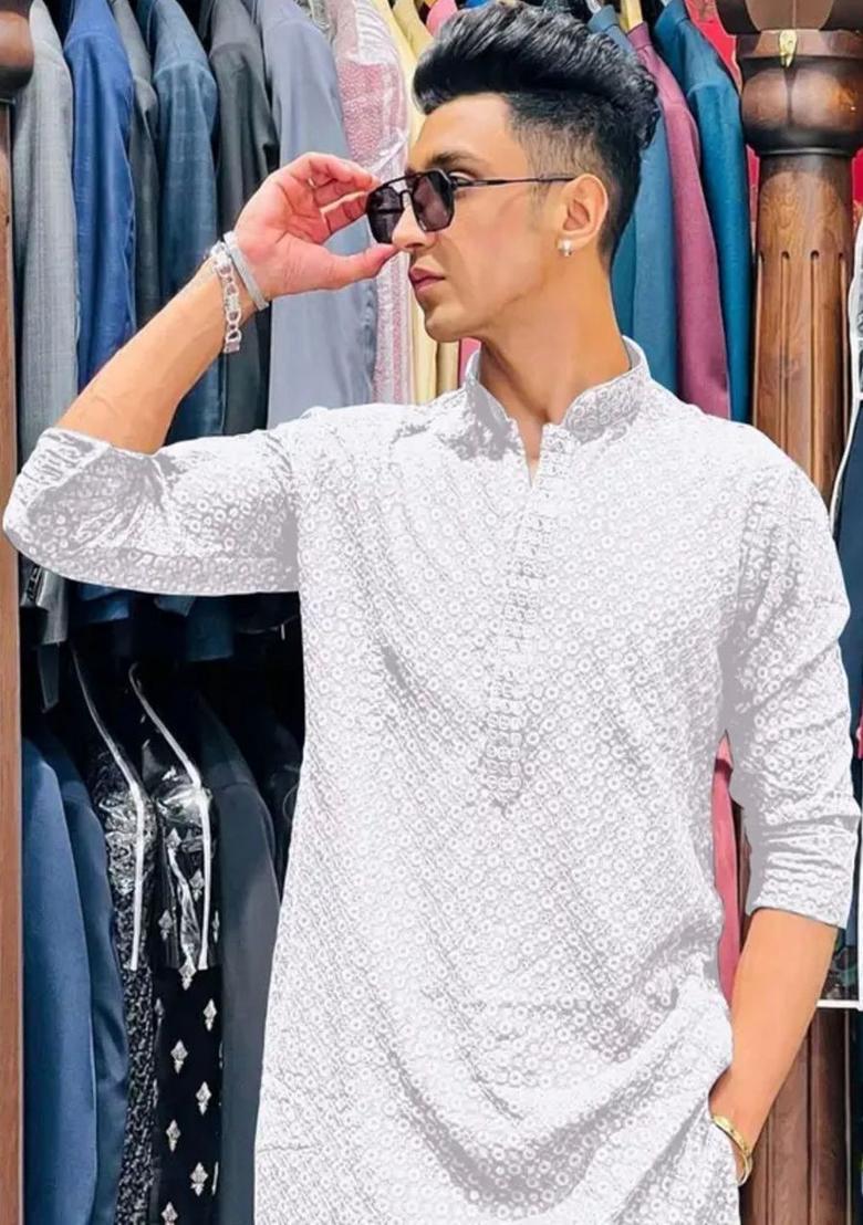 White Embroidered Viscose Kurta Set For Men - Indya