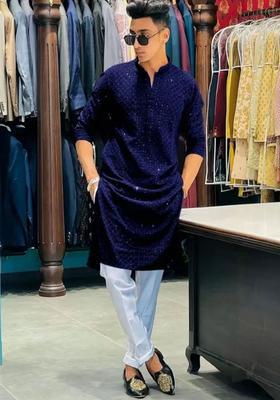 Navy Blue Embroidered Viscose Kurta Set For Men