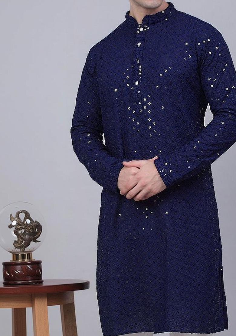 Navy Blue Embroidered Polyester Kurta Set For Men - Indya
