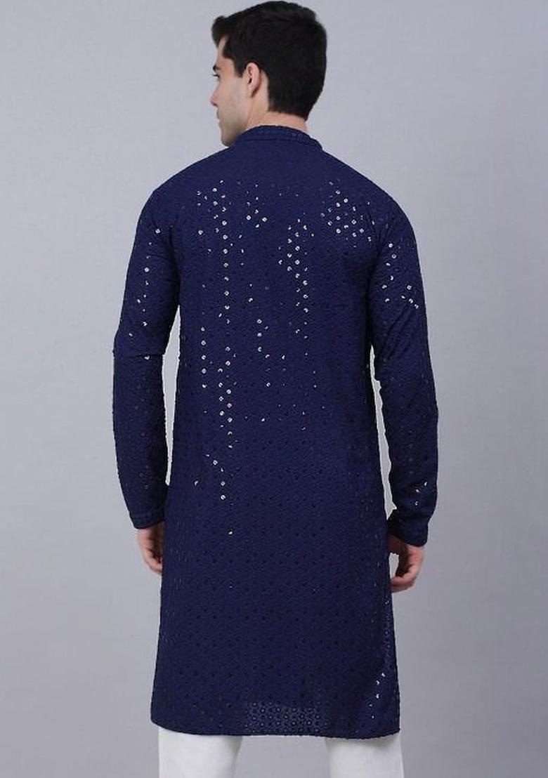Navy Blue Embroidered Polyester Kurta Set For Men - Indya