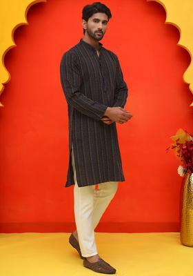 Black Woven Design Cotton Kurta Set For Men