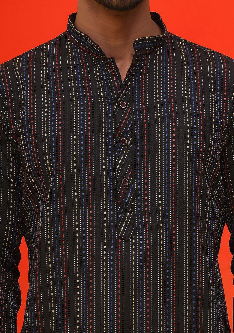 Black Woven Design Cotton Kurta Set For Men - Indya