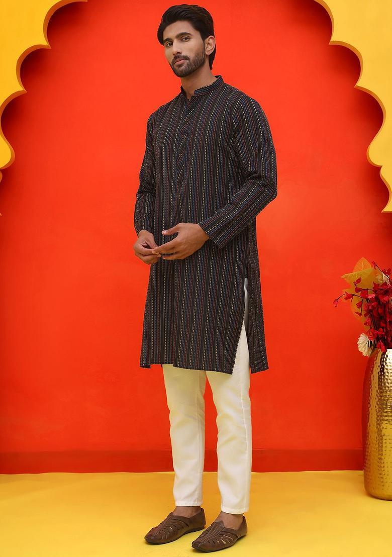 Black Woven Design Cotton Kurta Set For Men - Indya