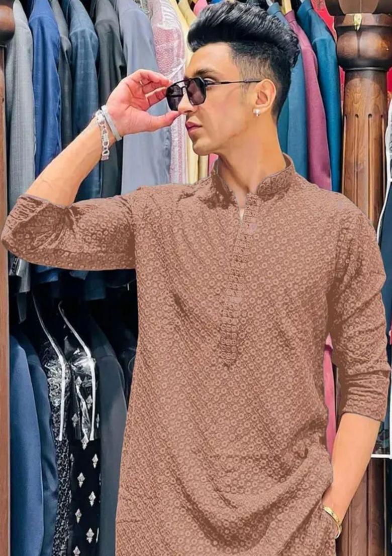 Brown Embroidered Viscose Kurta Set For Men - Indya