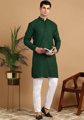 Green Self Design Cotton Kurta Set For Men