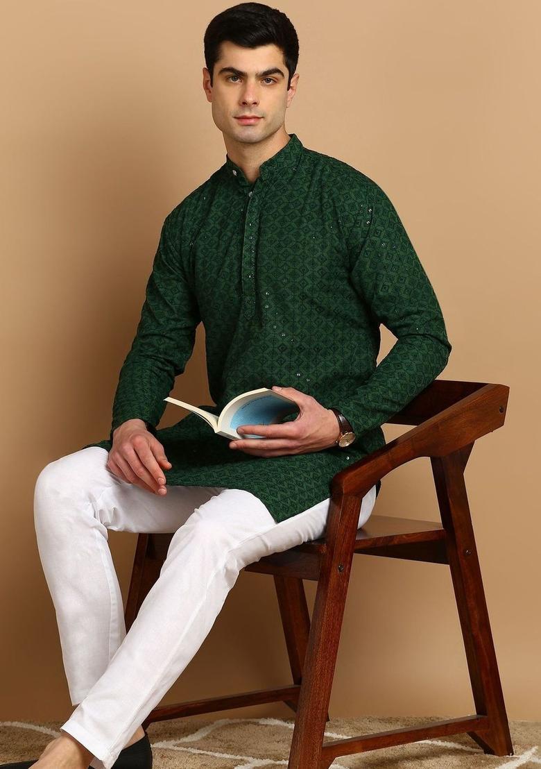 Green Self Design Cotton Kurta Set For Men - Indya