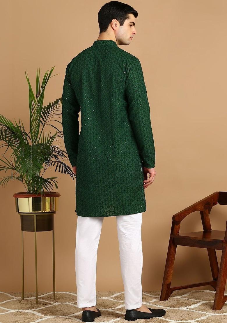 Green Self Design Cotton Kurta Set For Men - Indya