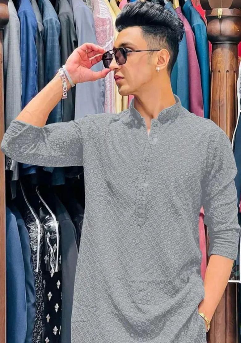 Grey Embroidered Viscose Kurta Set For Men - Indya