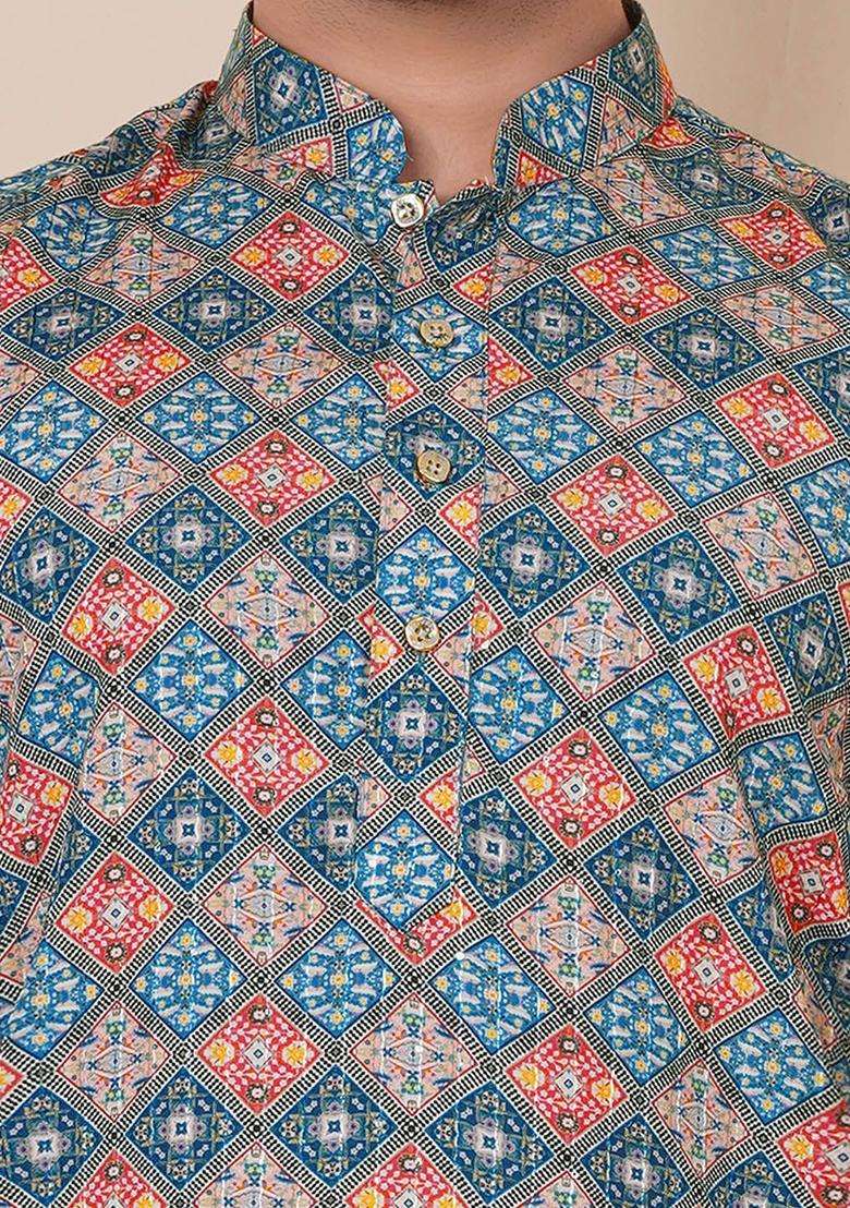 Blue Printed Cotton Kurta Set For Men - Indya