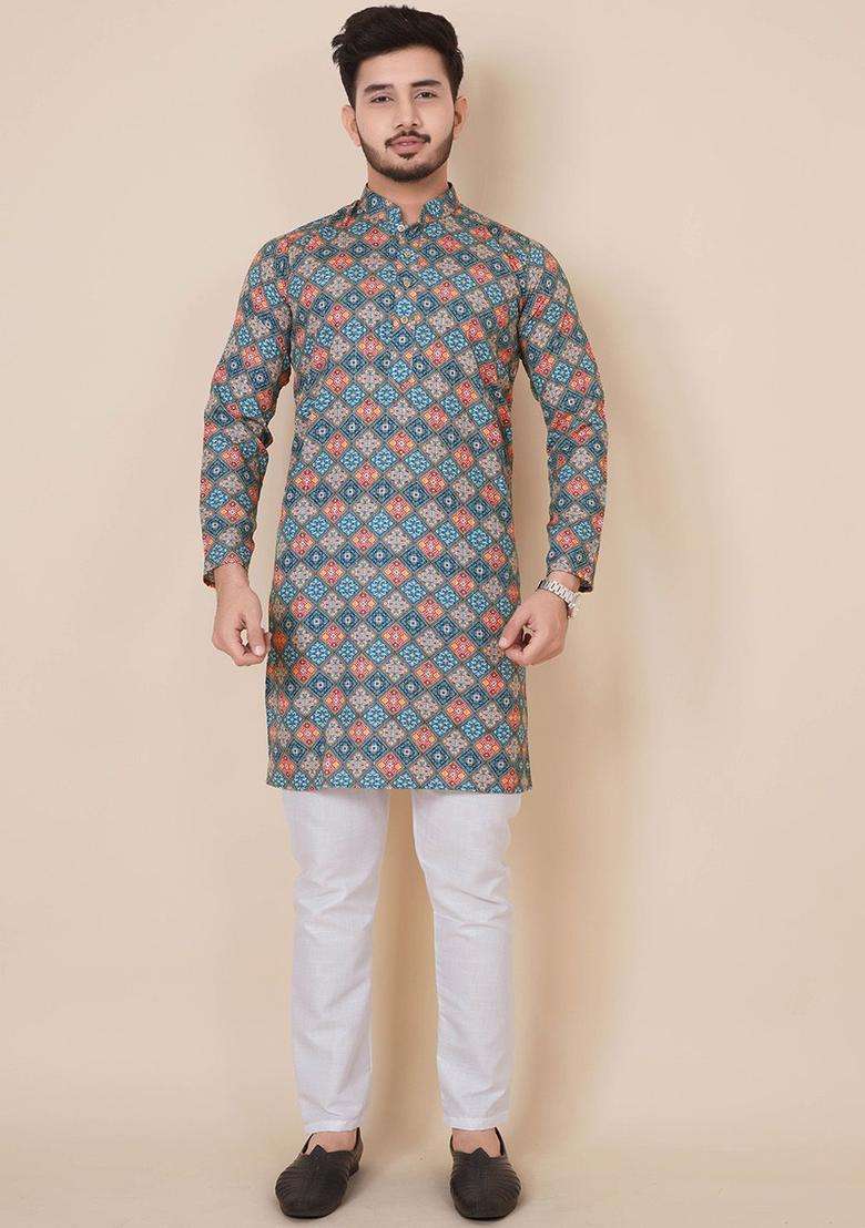 Blue Printed Cotton Kurta Set For Men - Indya