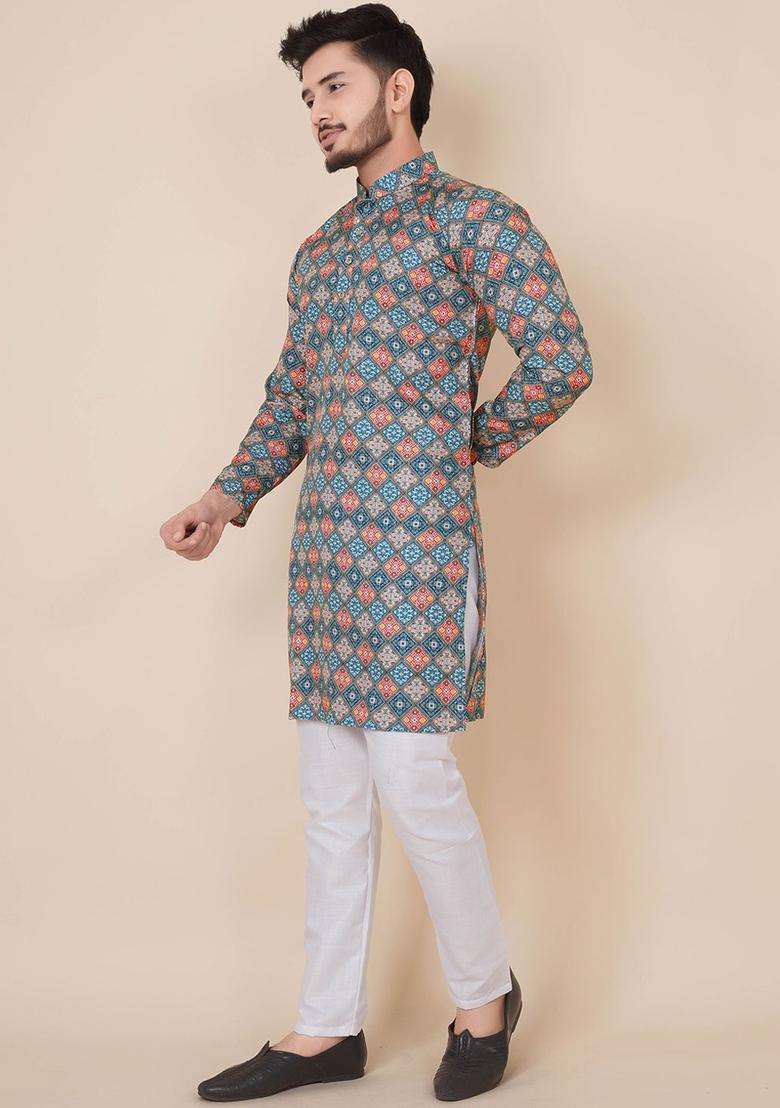 Blue Printed Cotton Kurta Set For Men - Indya