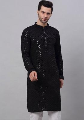 Black Self Design Polyester Kurta Set For Men
