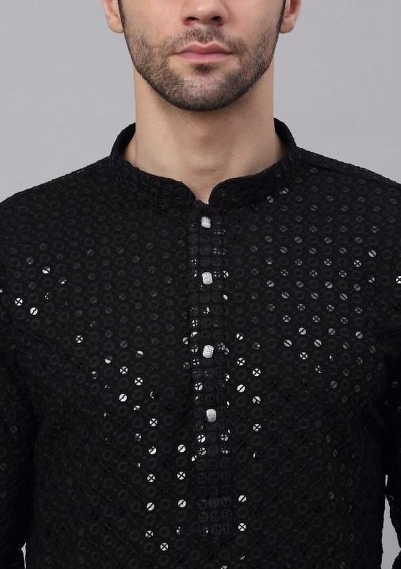 Black Self Design Polyester Kurta Set For Men - Indya