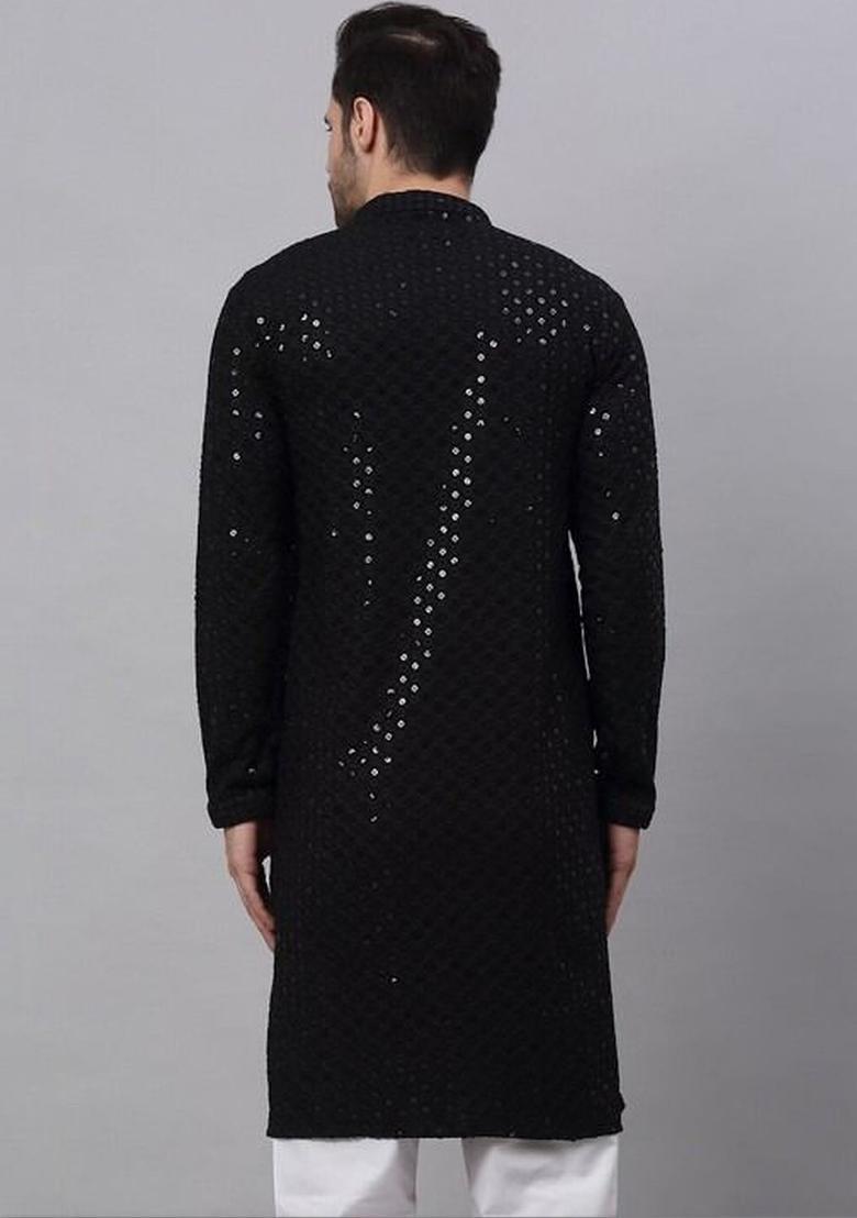 Black Self Design Polyester Kurta Set For Men - Indya