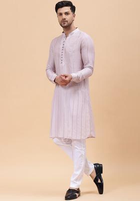 Pink Woven Design Silk Kurta Set For Men