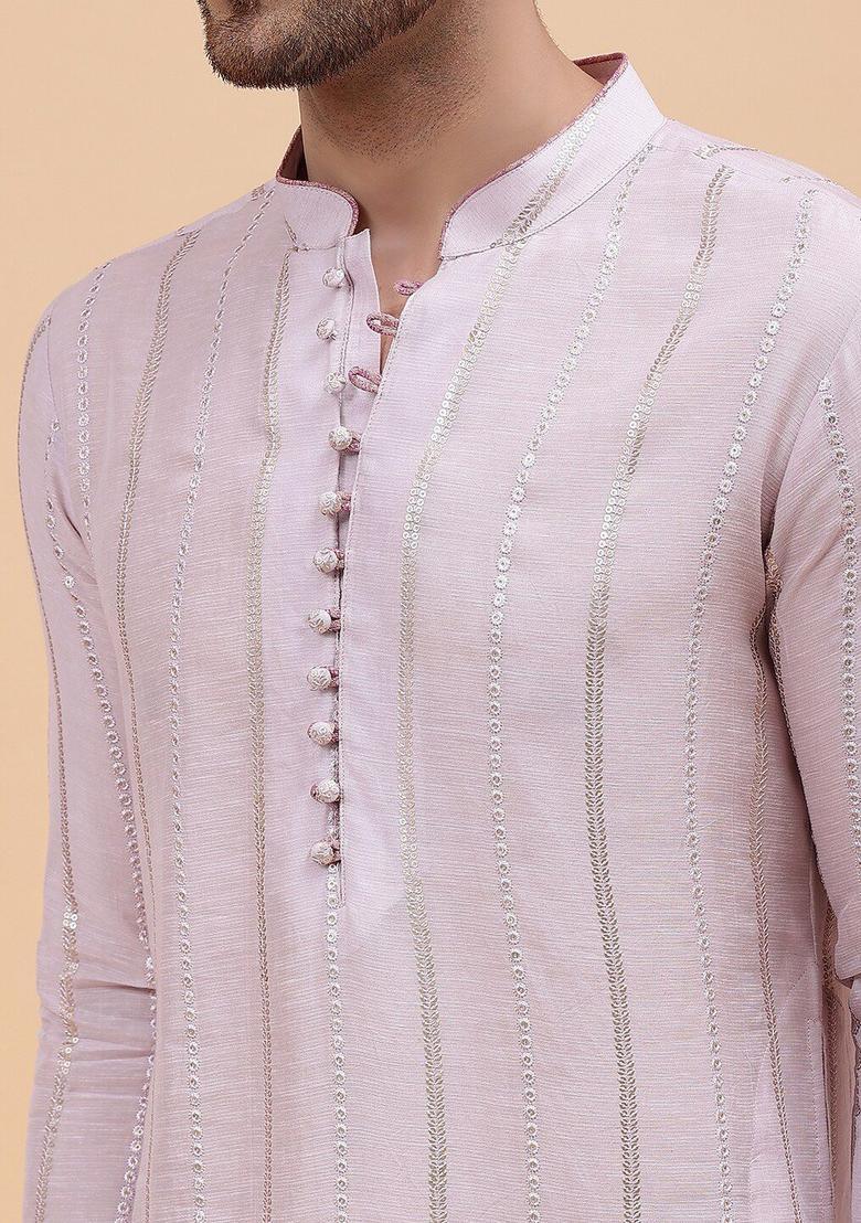 Pink Woven Design Silk Kurta Set For Men - Indya