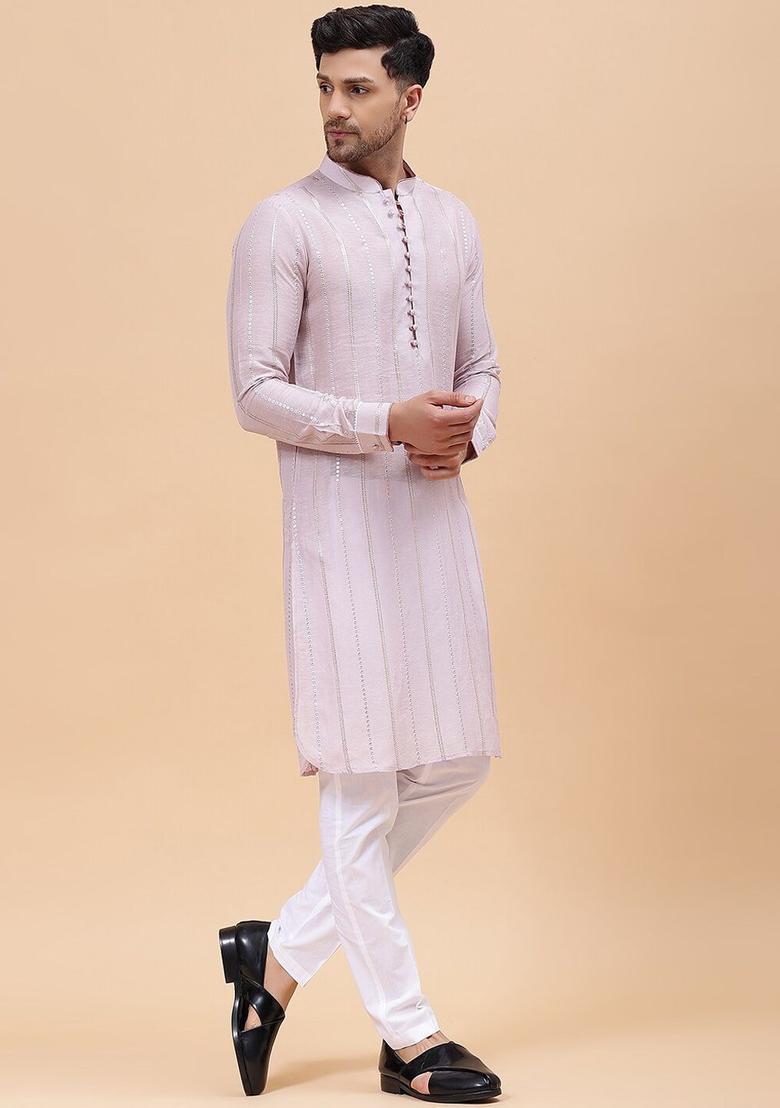 Pink Woven Design Silk Kurta Set For Men - Indya